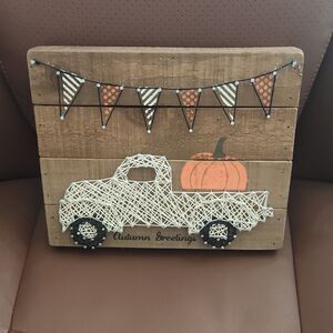 Primitives by Kathy Autumn Greetings String Art Truck Pumpkin Fall Decor Sign